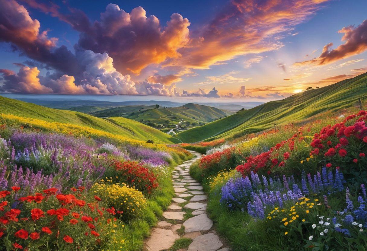 A vibrant landscape featuring a winding path through lush green hills, symbolizing life's curves and journey. Include dynamic twists of colorful flowers along the path, with a soft blue sky and fluffy clouds above. A silhouette of a person walking with arms open wide, embracing the journey ahead. The overall atmosphere should exude positivity and adventure. vibrant colors. super-realistic.