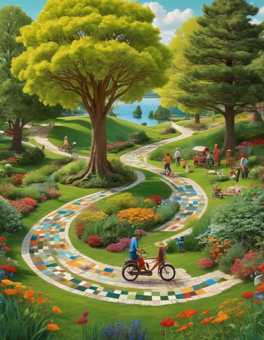 A whimsical collage of winding paths through a vibrant green landscape, dotted with playful, quirky characters enjoying various activities like picnicking, biking, and storytelling. The paths twist and turn, leading to colorful, illustrated scenes symbolizing different life adventures and experiences. Bright colors and a cheerful atmosphere convey a sense of fun and exploration. whimsical illustration. vibrant colors. 3D.