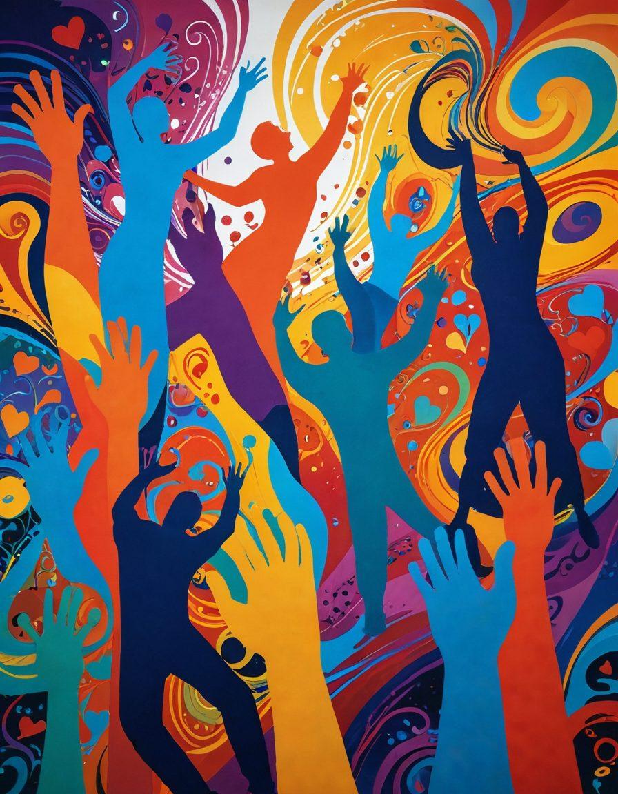 A vibrant and dynamic mural depicting diverse individuals with distinct curves, showcasing their unique hobbies and interests. Surround them with symbols of community, like intertwined hands and hearts, set against a colorful, abstract background that celebrates fluidity and expression. The scene should radiate joy and inclusiveness, inviting viewers to reflect on their own identities. bold colors. artistic graffiti style. dynamic composition.